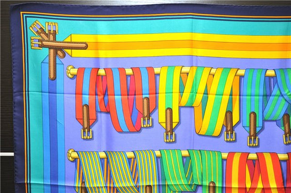 Authentic HERMES Carre 90 Scarf "Les Sangles" Silk Blue Box 4326D