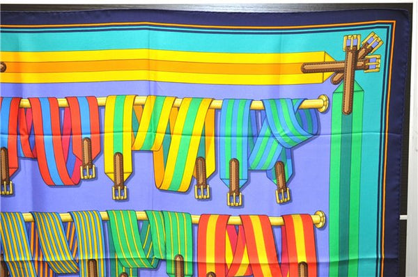 Authentic HERMES Carre 90 Scarf "Les Sangles" Silk Blue Box 4326D