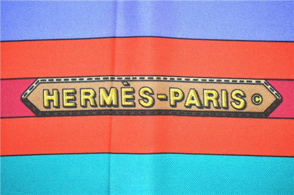 Authentic HERMES Carre 90 Scarf "Les Sangles" Silk Blue Box 4326D