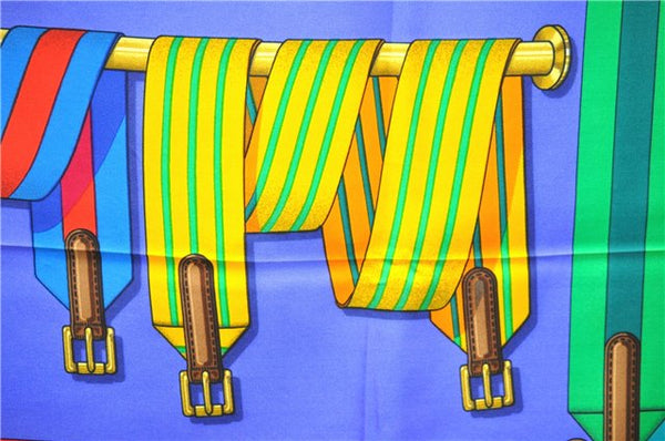 Authentic HERMES Carre 90 Scarf "Les Sangles" Silk Blue Box 4326D
