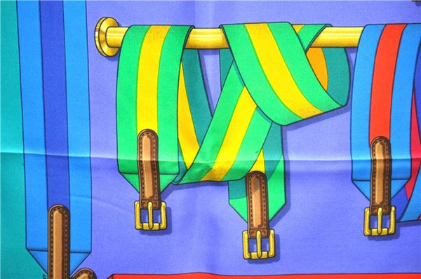 Authentic HERMES Carre 90 Scarf "Les Sangles" Silk Blue Box 4326D