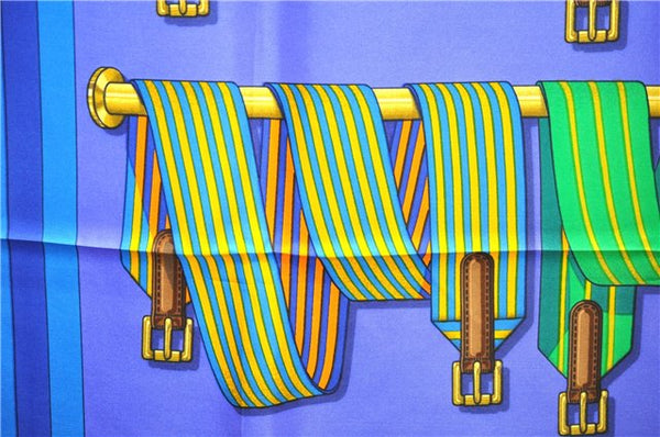 Authentic HERMES Carre 90 Scarf "Les Sangles" Silk Blue Box 4326D