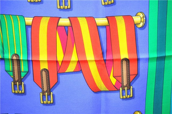 Authentic HERMES Carre 90 Scarf "Les Sangles" Silk Blue Box 4326D