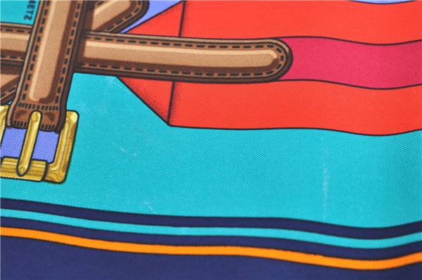 Authentic HERMES Carre 90 Scarf "Les Sangles" Silk Blue Box 4326D