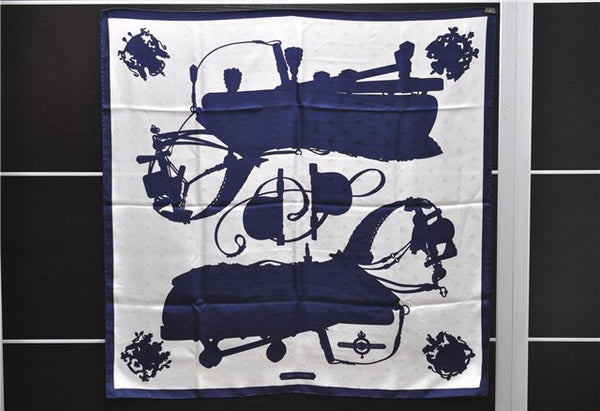 Authentic HERMES Carre 90 Scarf "HARNAIS DE COUR" Silk Navy White Box 4327D