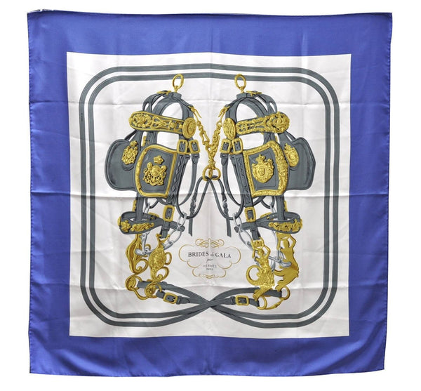 Authentic HERMES Carre 90 Scarf "BRIDES de GALA par" Silk Blue 4329D