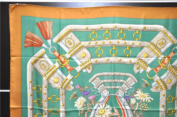 Authentic HERMES Carre 90 Scarf "aux champs" Silk Brown Green 4340D