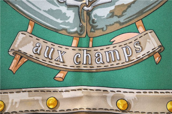 Authentic HERMES Carre 90 Scarf "aux champs" Silk Brown Green 4340D