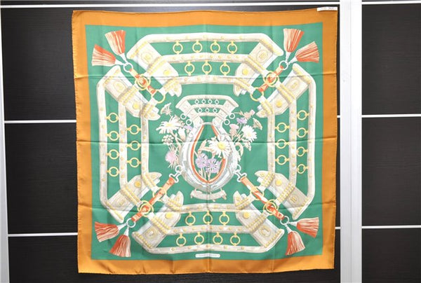 Authentic HERMES Carre 90 Scarf "aux champs" Silk Brown Green 4340D