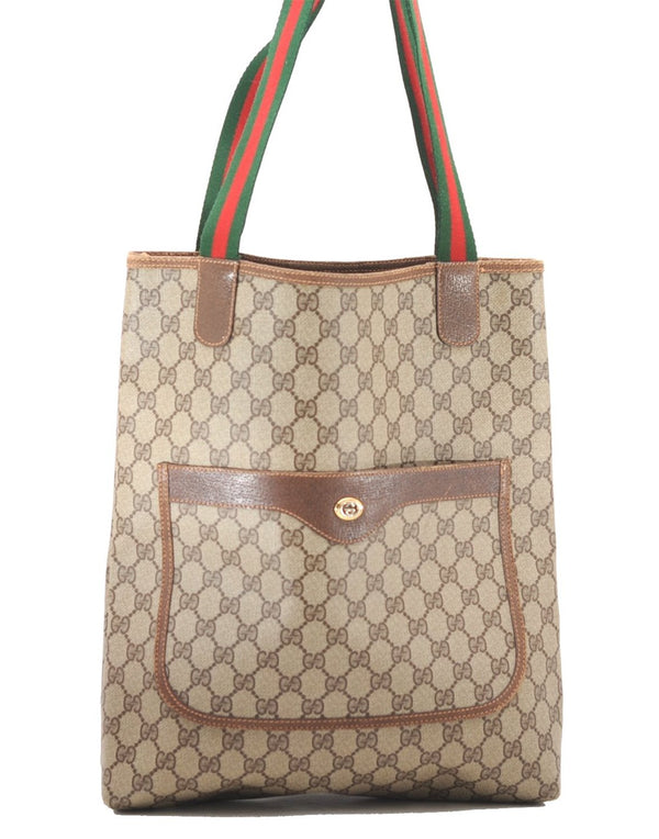 Authentic GUCCI Web Sherry Line Shoulder Tote Bag GG PVC Leather Brown 4341F