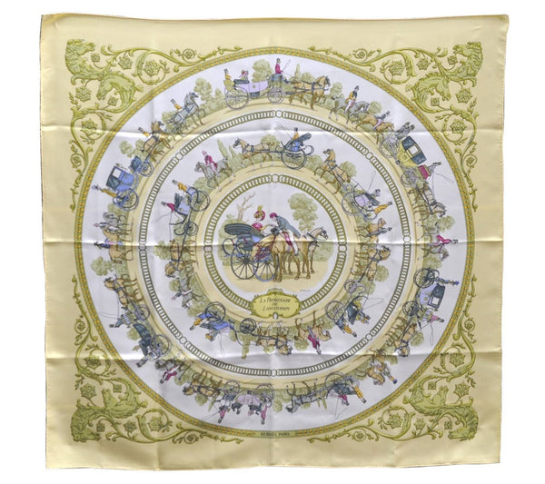 Authentic HERMES Carre 90 Scarf "LA PROMENADE DE LONGCHAMPS" Silk Yellow 4342D