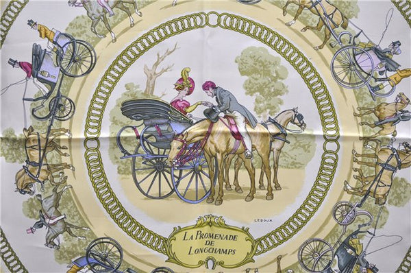 Authentic HERMES Carre 90 Scarf "LA PROMENADE DE LONGCHAMPS" Silk Yellow 4342D