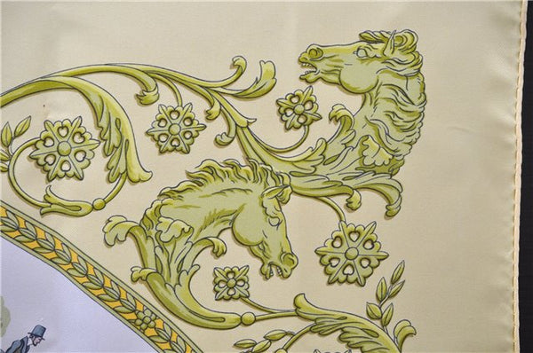 Authentic HERMES Carre 90 Scarf "LA PROMENADE DE LONGCHAMPS" Silk Yellow 4342D