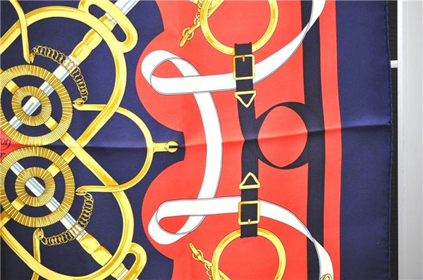 Authentic HERMES Carre 90 Scarf "Eperon d'Or" Silk Navy 4346D