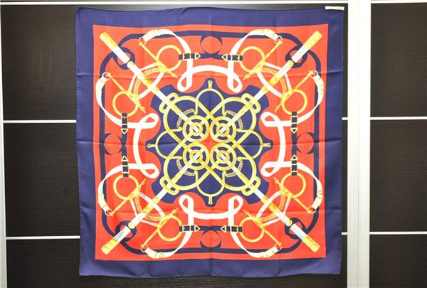 Authentic HERMES Carre 90 Scarf "Eperon d'Or" Silk Navy 4346D