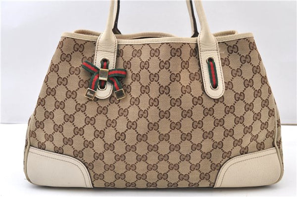 Auth GUCCI Web Sherry Line Princy Tote Bag GG Canvas Leather 163805 Brown 4386F