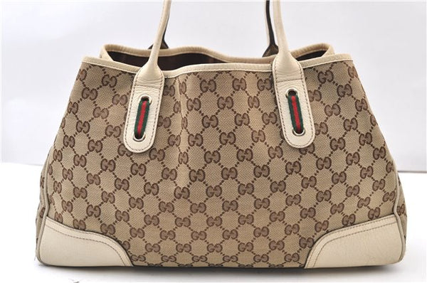 Auth GUCCI Web Sherry Line Princy Tote Bag GG Canvas Leather 163805 Brown 4386F