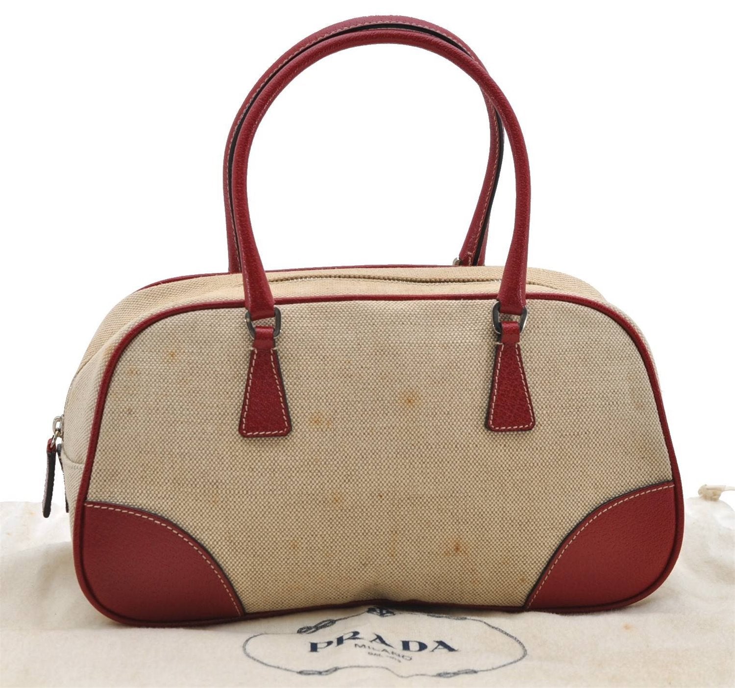 Authentic PRADA Canvas Leather Shoulder Hand Bag Purse Ivory Red 4391D