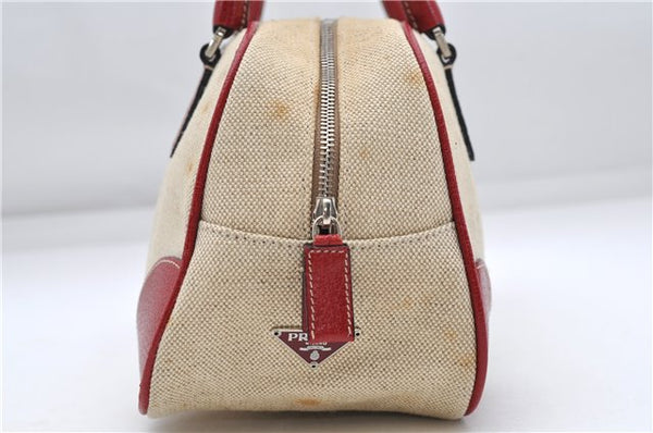 Authentic PRADA Canvas Leather Shoulder Hand Bag Purse Ivory Red 4391D