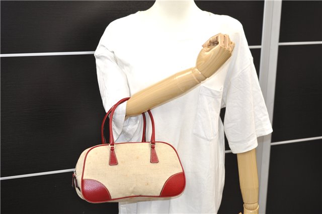 Authentic PRADA Canvas Leather Shoulder Hand Bag Purse Ivory Red 4391D