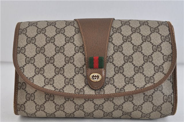 Authentic GUCCI Web Sherry Line Clutch Hand Bag GG PVC Leather Brown 4406C