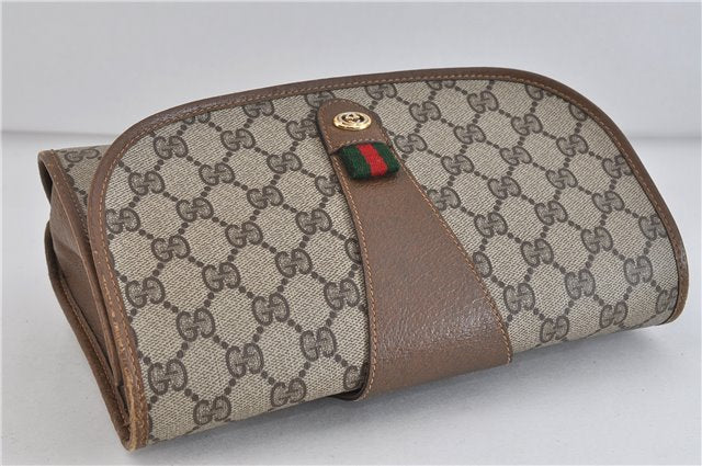 Authentic GUCCI Web Sherry Line Clutch Hand Bag GG PVC Leather Brown 4406C