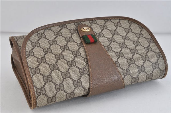 Authentic GUCCI Web Sherry Line Clutch Hand Bag GG PVC Leather Brown 4406C