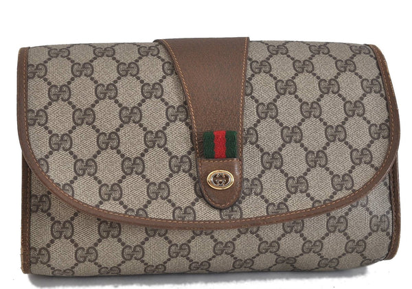 Authentic GUCCI Web Sherry Line Clutch Hand Bag GG PVC Leather Brown 4406C