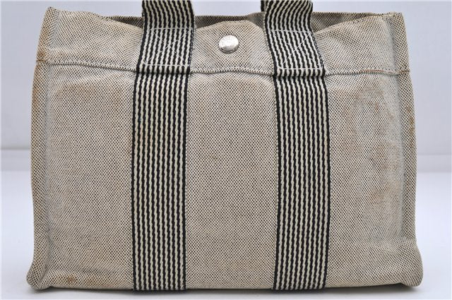 Authentic HERMES Fourre Tout PM Hand Tote Bag Purse Canvas Ivory Black 4409D