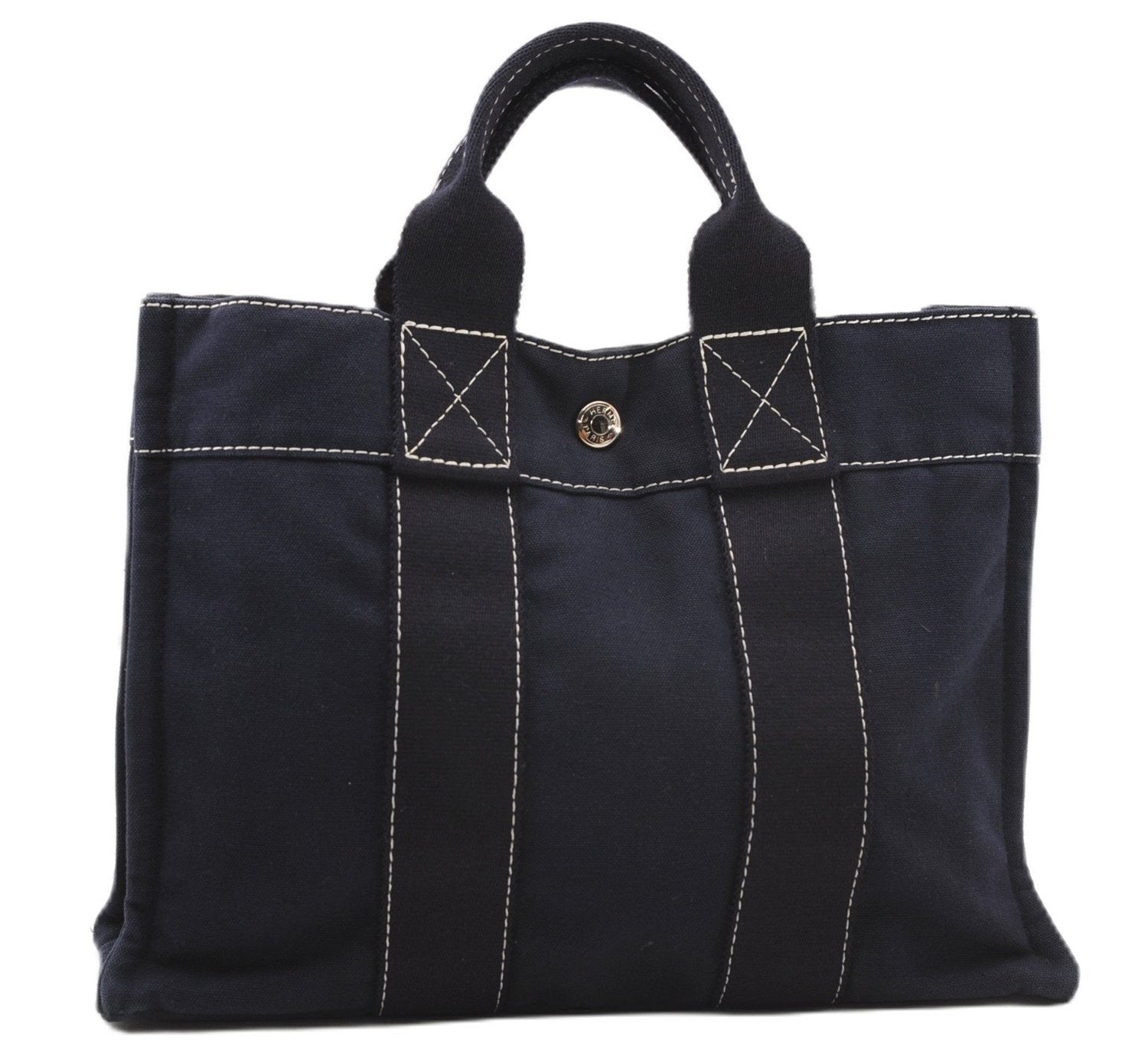 Authentic HERMES Deauville PM Hand Tote Bag Canvas Navy Blue 4416F