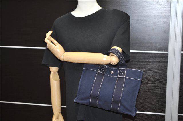 Authentic HERMES Deauville PM Hand Tote Bag Canvas Navy Blue 4416F