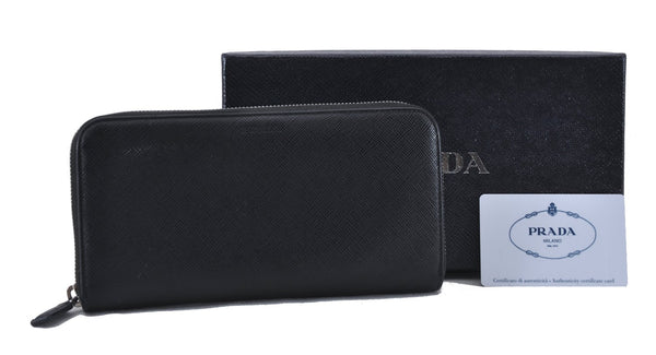 Authentic PRADA Saffiano Leather Long Wallet Purse 2ML317 Black Box 4424F
