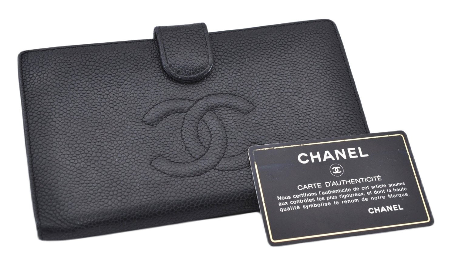 Authentic CHANEL Caviar Skin CC Logo Bifold Wallet Purse Black 4438F