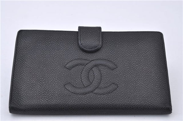 Authentic CHANEL Caviar Skin CC Logo Bifold Wallet Purse Black 4438F