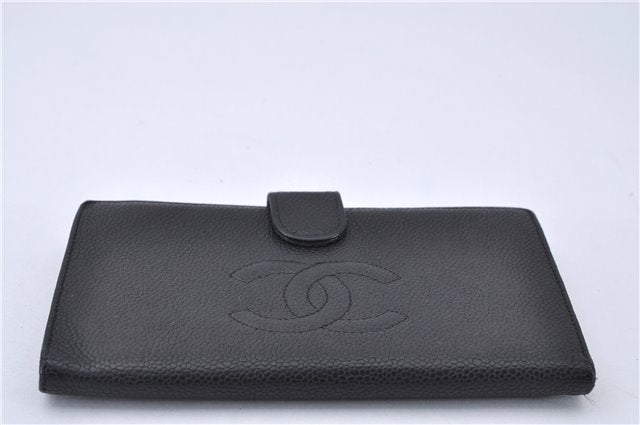 Authentic CHANEL Caviar Skin CC Logo Bifold Wallet Purse Black 4438F