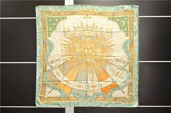 Authentic HERMES Carre 90 Scarf "CARPE DIEM" Silk Beige Green 4449C