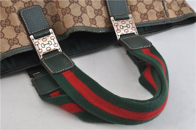 Authentic GUCCI Web Sherry Line Tote Bag Canvas Leather 145758 Brown Green 4454C