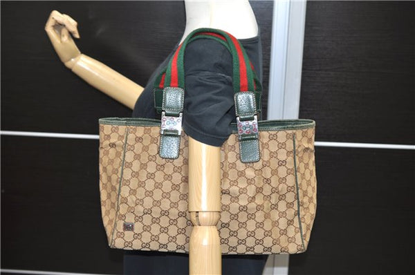 Authentic GUCCI Web Sherry Line Tote Bag Canvas Leather 145758 Brown Green 4454C