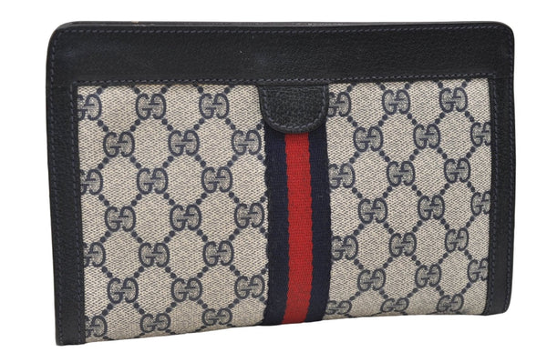 Authentic GUCCI Sherry Line Clutch Hand Bag Purse GG PVC Leather Navy Blue 4484E