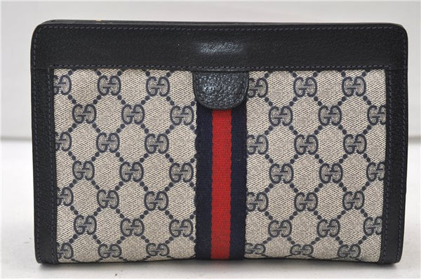 Authentic GUCCI Sherry Line Clutch Hand Bag Purse GG PVC Leather Navy Blue 4484E