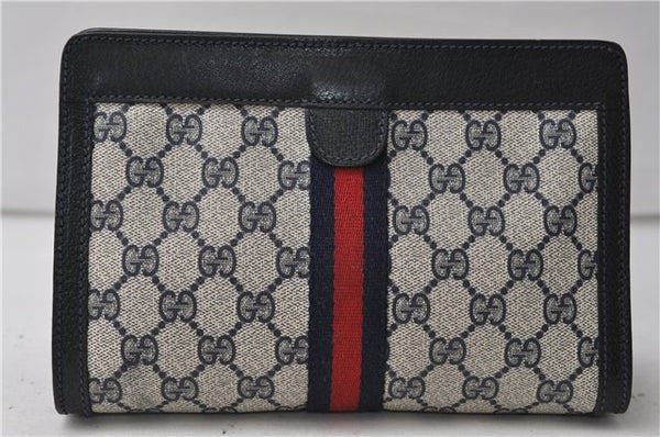 Authentic GUCCI Sherry Line Clutch Hand Bag Purse GG PVC Leather Navy Blue 4484E