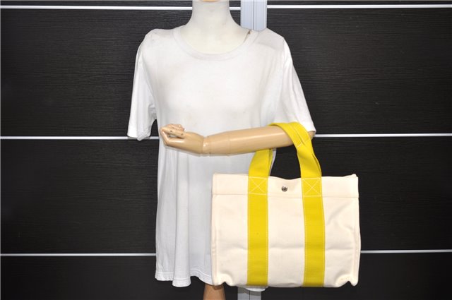 Authentic HERMES Bora Bora PM Tote Bag Canvas White Yellow 4497D