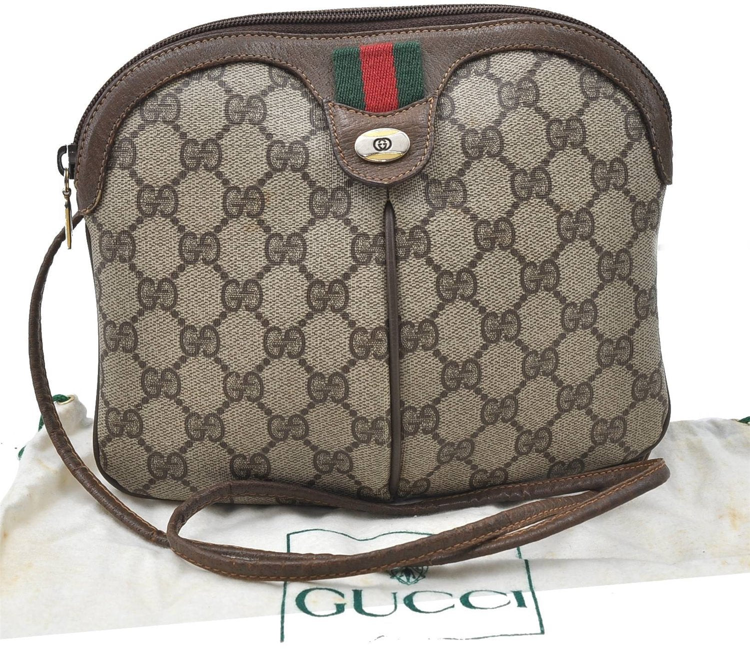 Authentic GUCCI Web Sherry Line Shoulder Cross Bag GG PVC Leather Brown 4498D