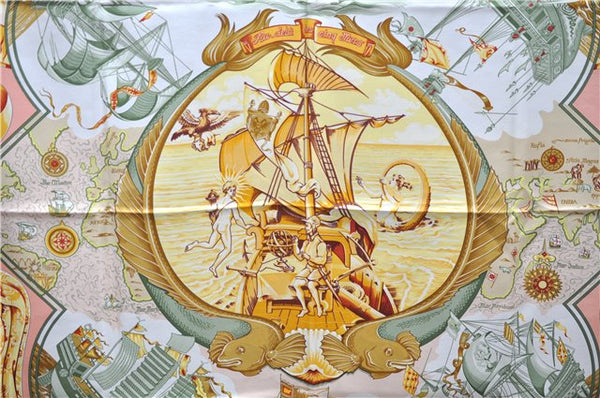 Authentic HERMES Carre 90 Scarf "Au dela des cinq mers" Silk Orange 4505E