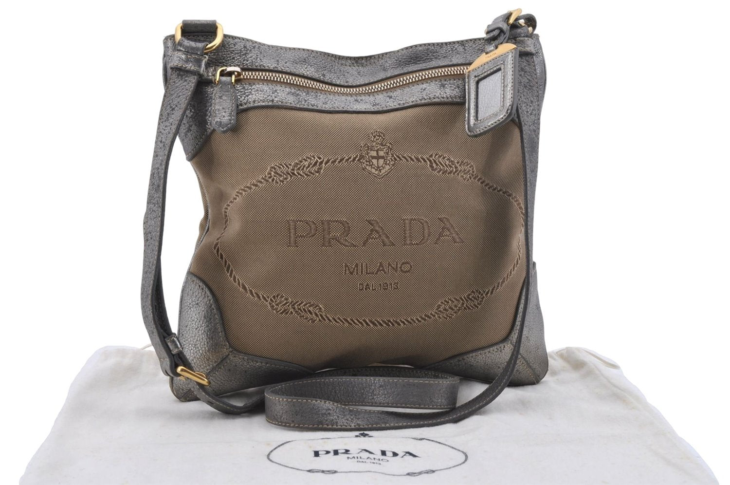 Authentic PRADA Canvas Leather Shoulder Cross Body Bag Purse Beige Silver 4515D