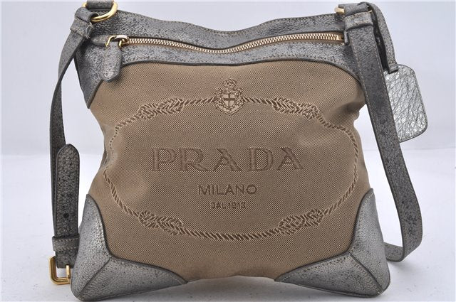 Authentic PRADA Canvas Leather Shoulder Cross Body Bag Purse Beige Silver 4515D