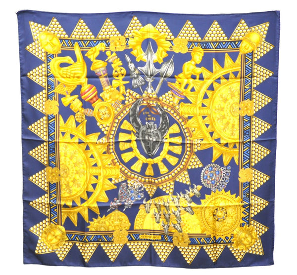 Authentic HERMES Carre 90 Scarf "L'OR DES CHEFS" Silk Navy 4518E