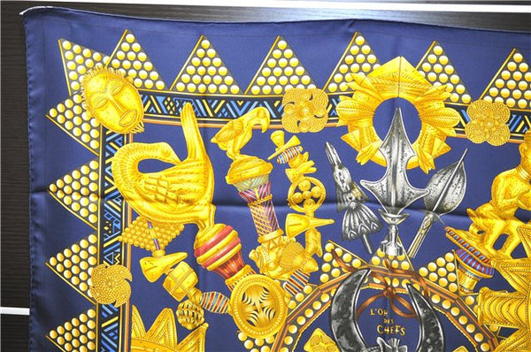 Authentic HERMES Carre 90 Scarf "L'OR DES CHEFS" Silk Navy 4518E