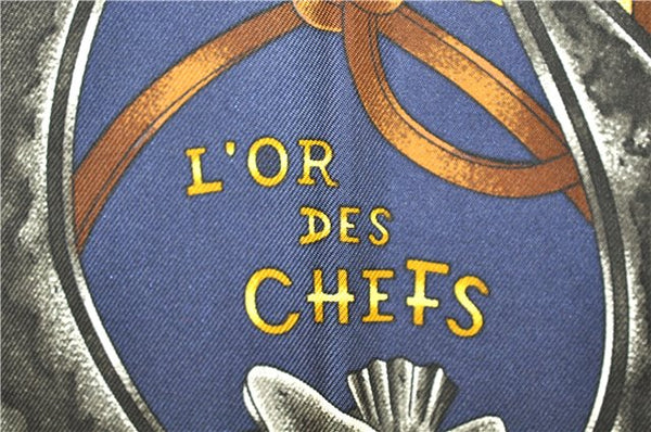 Authentic HERMES Carre 90 Scarf "L'OR DES CHEFS" Silk Navy 4518E