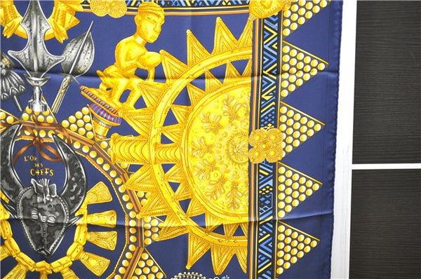 Authentic HERMES Carre 90 Scarf "L'OR DES CHEFS" Silk Navy 4518E